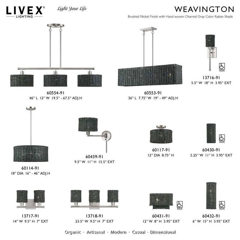 Livex Weavington 1Lt ADA Sconce, Nickel/Hand-Woven Charred Gray