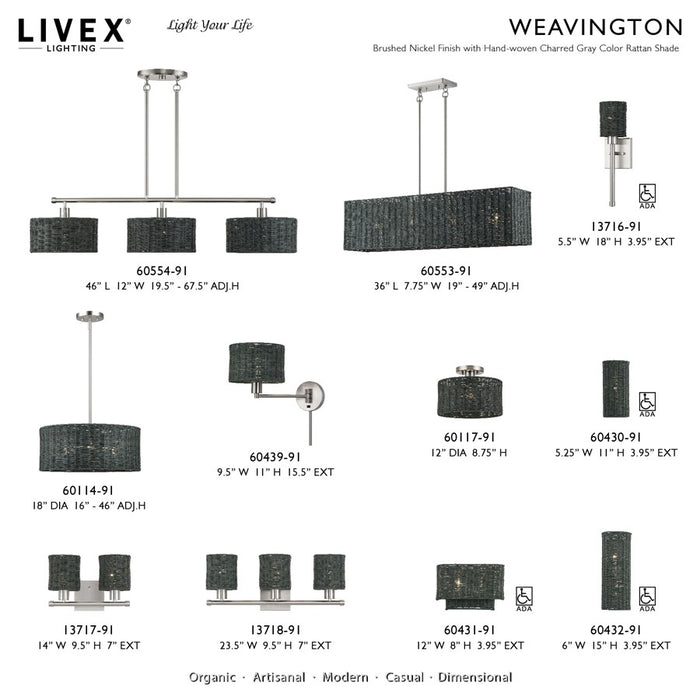 Livex Weavington 2Lt ADA 6"W Sconce, Nickel/Hand-Woven Charred Gray
