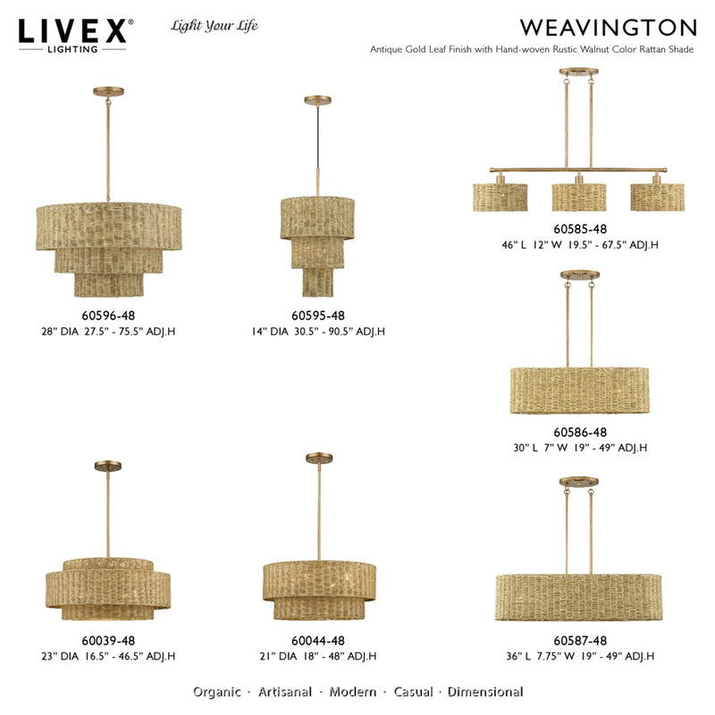 Livex Weavington 3Lt Medium Linear Chandelier, Gold/Rustic Walnut