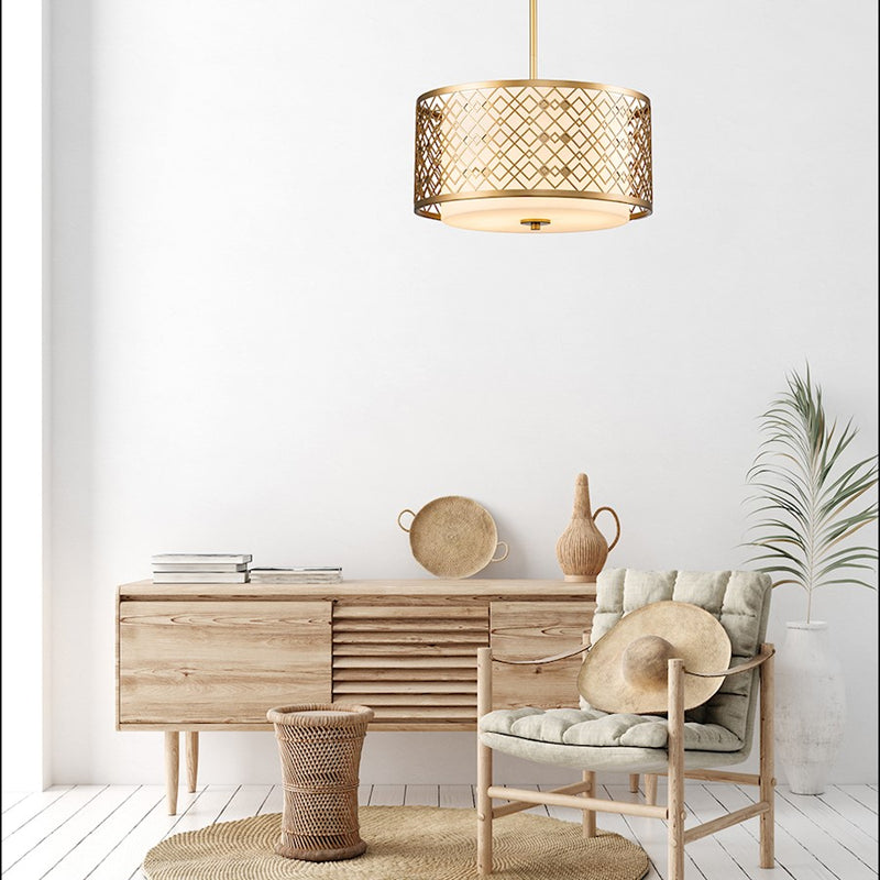 Lucas McKearn Ziggy 2 Light Pendant, Laquered Gold/Opal Etched
