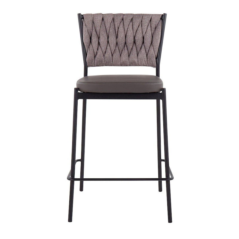 LumiSource Braided Tania Counter Stool Set of 2 | Black Metal, Grey PU & Light Brown Fabric | Kitchen Island | Model B24-BRAIDTANIABKGYLBN2