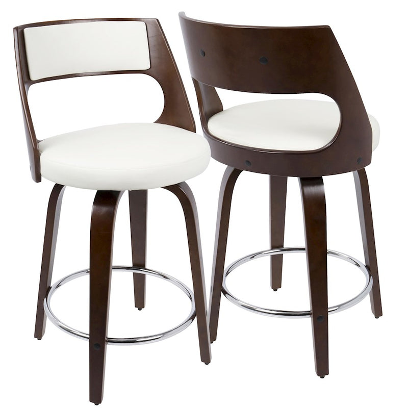 LumiSource Cecina Counter Stool Set of 2 | Cherry Wood, White PU & Chrome | Mid-Century Modern Kitchen Island | Model B24-CECINA2-SWVRCHW2