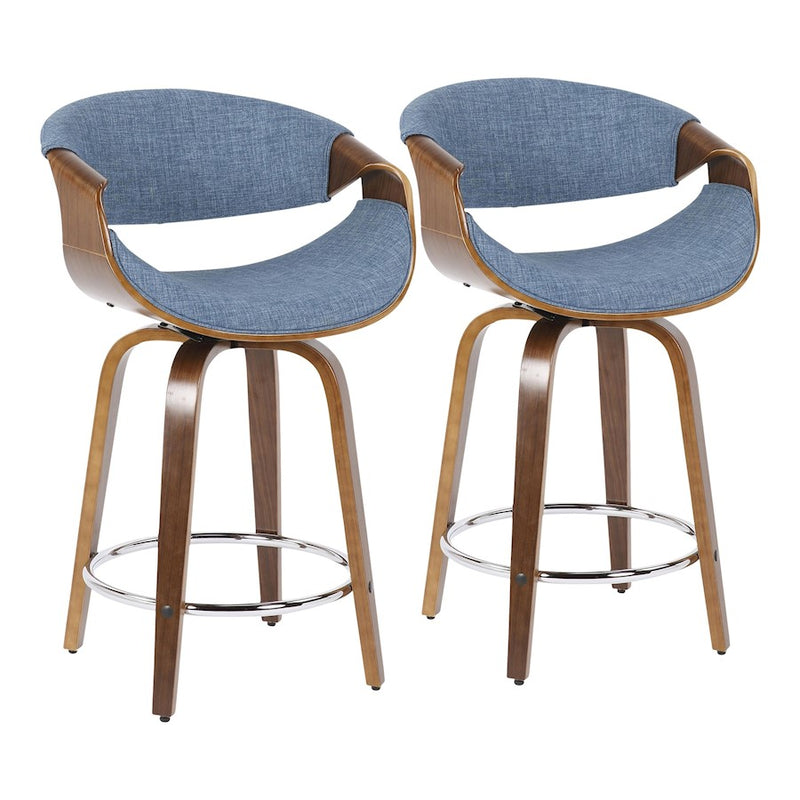 LumiSource Curvini 24'' Counter Stool, Set/2, Wal/Blue/CH - B24-CRVNI2-SWVRWLBU2