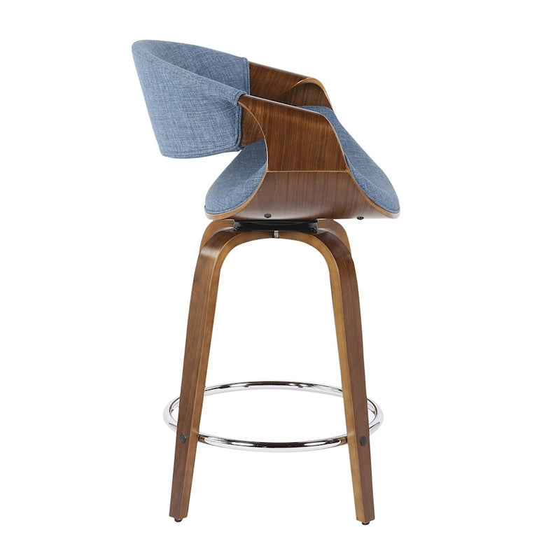 LumiSource Curvini 24'' Counter Stool, Set of 2, Wal/Blue/Chrome