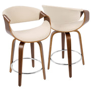 LumiSource Curvini Counter Stool Set of 2 | Walnut Wood, Cream Fabric & Chrome | Mid-Century Modern Kitchen Island | Model B24-CRVNIRWLCR2