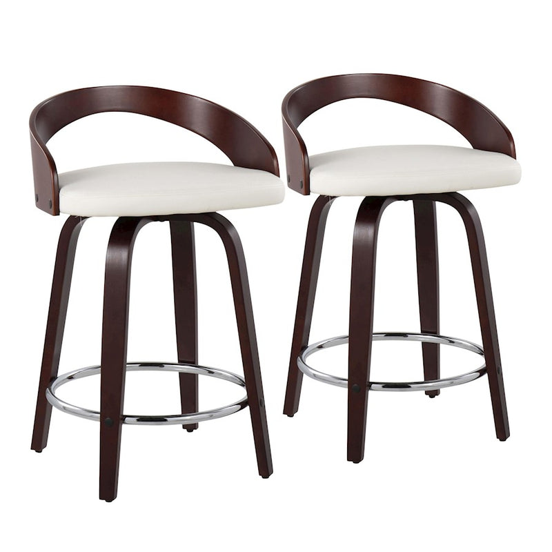 LumiSource Grotto Counter Stool Set of 2 | Mid-Century Cherry Wood and White Faux Leather with Chrome | Kitchen Island | Model B24-GROTTO2-SWVRCHW2