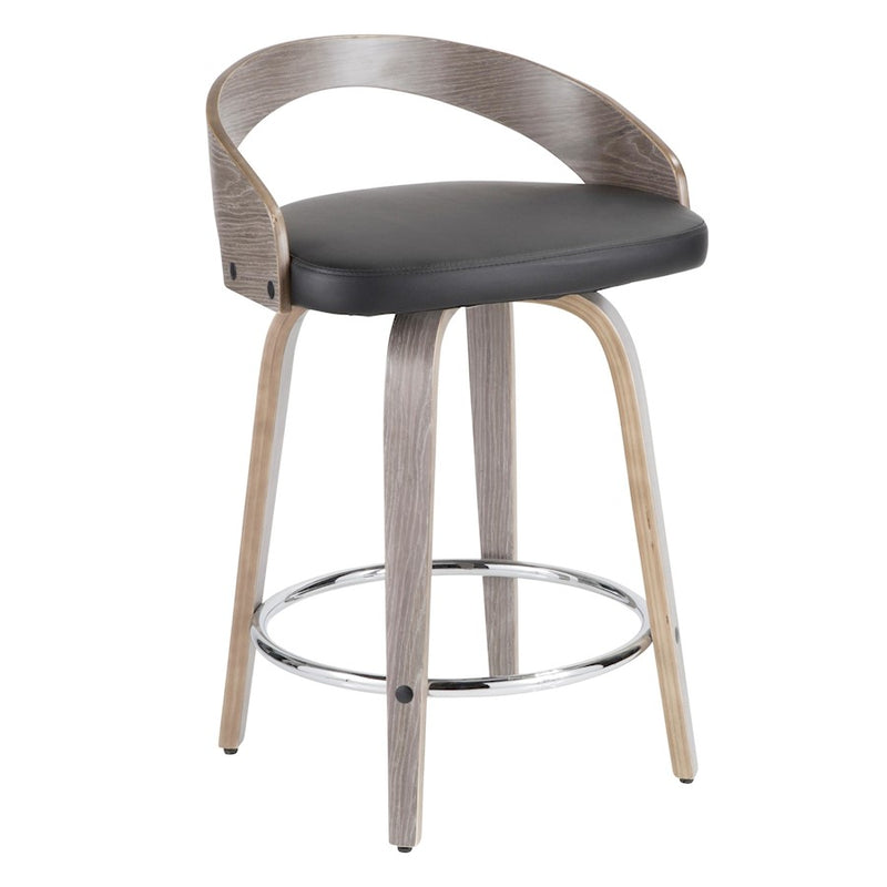 LumiSource Grotto Counter Stool Set of 2 | Mid-Century Light Grey Wood and Black Faux Leather with Chrome | Kitchen | Model B24-GROTTO2-SWVRLGYBK2