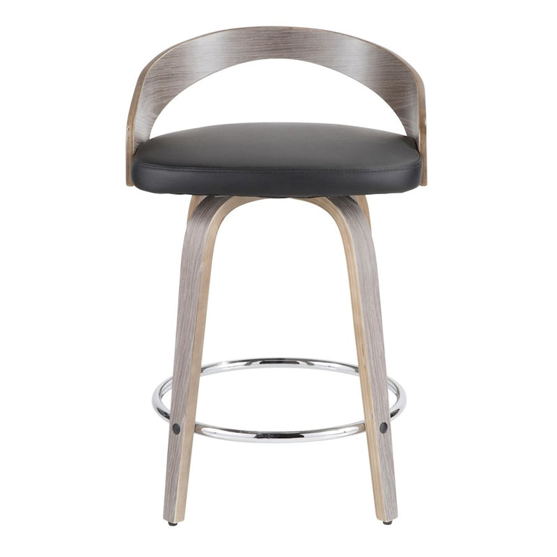 LumiSource Grotto Counter Stool Set of 2 | Mid-Century Light Grey Wood and Black Faux Leather with Chrome | Kitchen | Model B24-GROTTO2-SWVRLGYBK2