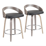 LumiSource Grotto Counter Stool Set of 2 | Grey Wood & Black PU with Chrome Footrest | Kitchen Island & Bar Seating | Model B24-GROTTORLGY-BK2
