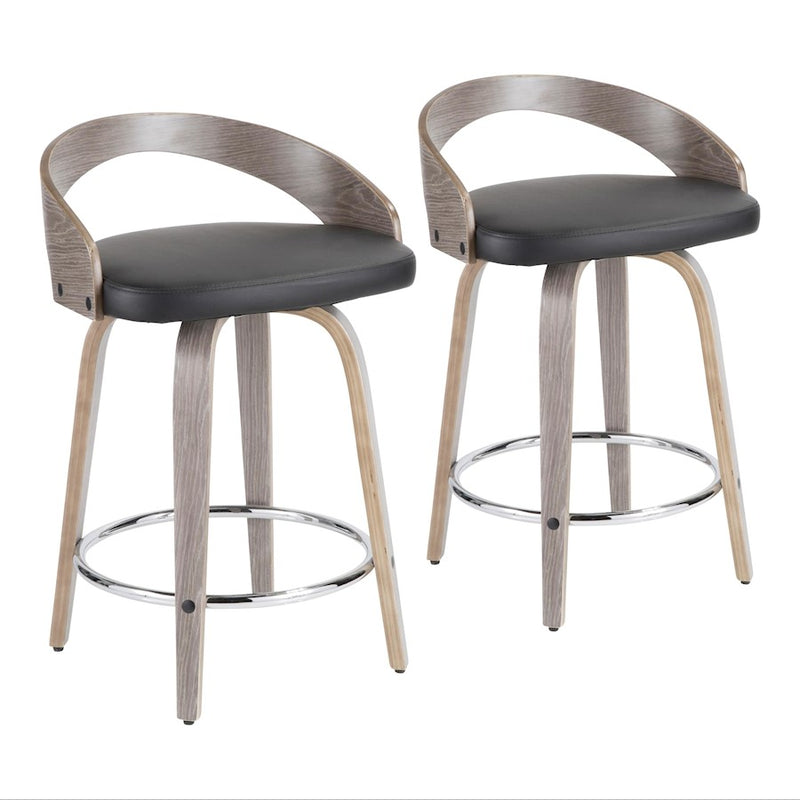 LumiSource Grotto Counter Stool Set of 2 | Grey Wood & Black PU with Chrome Footrest | Kitchen Island & Bar Seating | Model B24-GROTTORLGY-BK2