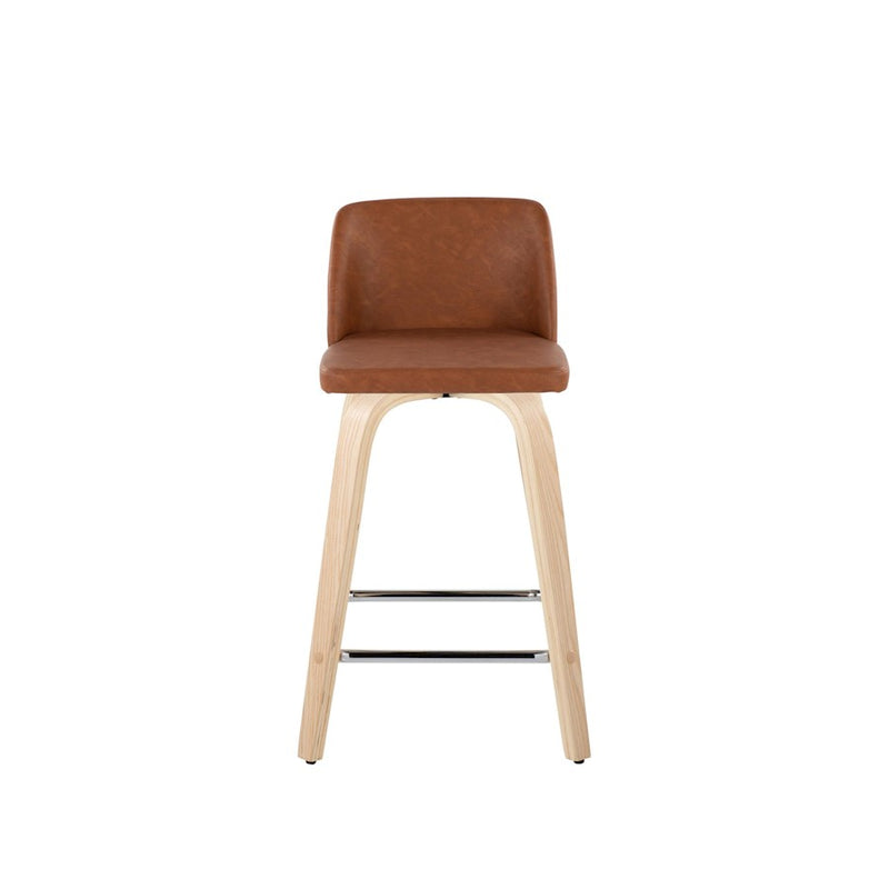 LumiSource Toriano 24in Counter Stool Set of 2 | Natural Wood, Camel PU, Chrome Metal | Kitchen Island & Breakfast | Model B24-TRNOPU-GRTZS2NACAM2