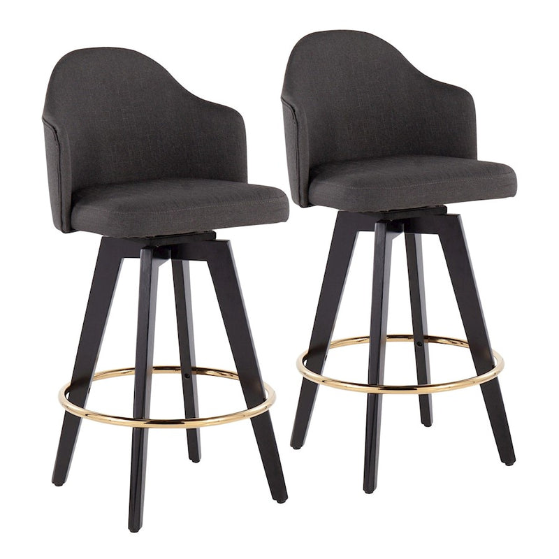 LumiSource Ahoy Counter Stool Set/2 | Black Wood, Gold Metal, Charcoal Fabric | Kitchen Island & Bar Seating | Model B26-AHOYUP2-SWVGBKCH2
