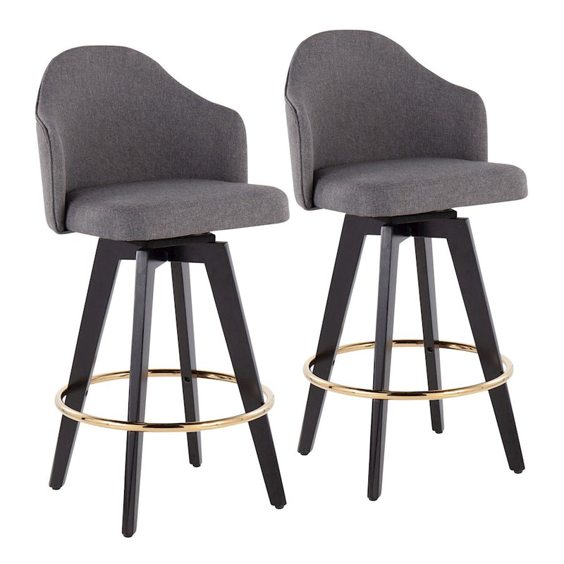 LumiSource Ahoy Counter Stool Set/2 | Black Wood, Gold Metal, Grey Fabric | Kitchen Island & Bar Seating | Model B26-AHOYUP2-SWVGBKGY2
