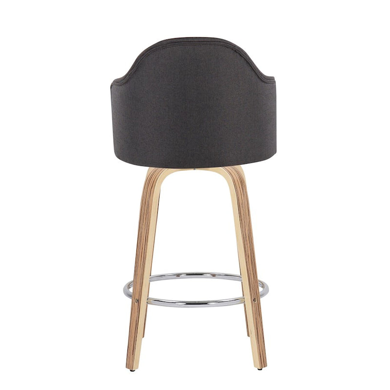 LumiSource Ahoy 26in Counter Stool Set of 2 | Mid-Century Zebra Wood & Charcoal Fabric | Kitchen Island & Breakfast | Model B26-AHOYUPGRT-R2ZBCHAR2
