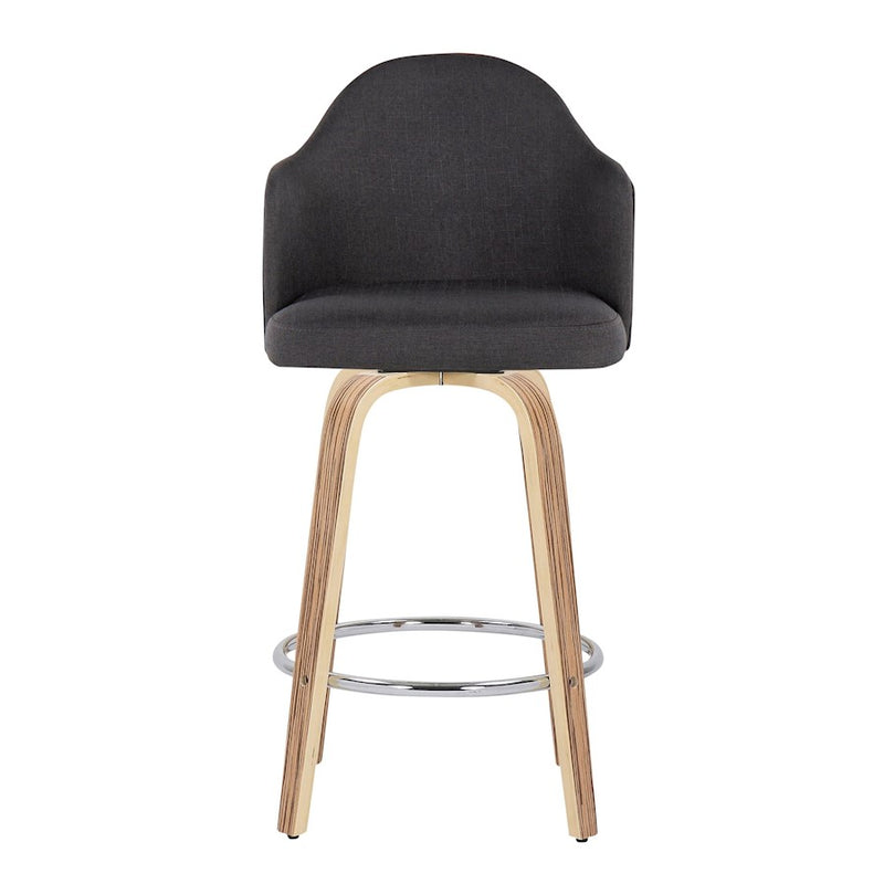 LumiSource Ahoy 26in Counter Stool Set of 2 | Mid-Century Zebra Wood & Charcoal Fabric | Kitchen Island & Breakfast | Model B26-AHOYUPGRT-R2ZBCHAR2