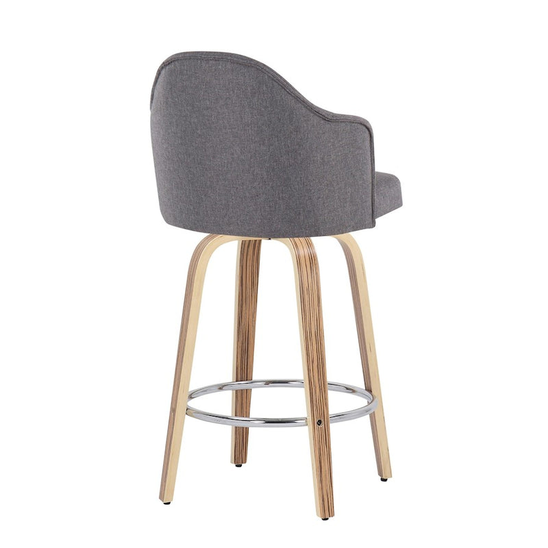 LumiSource Ahoy 26in Counter Stool Set of 2 | Mid-Century Zebra Wood & Grey Fabric | Kitchen Island & Breakfast Bar | Model B26-AHOYUPGRT-R2ZBGY2