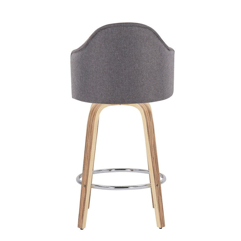 LumiSource Ahoy 26in Counter Stool Set of 2 | Mid-Century Zebra Wood & Grey Fabric | Kitchen Island & Breakfast Bar | Model B26-AHOYUPGRT-R2ZBGY2