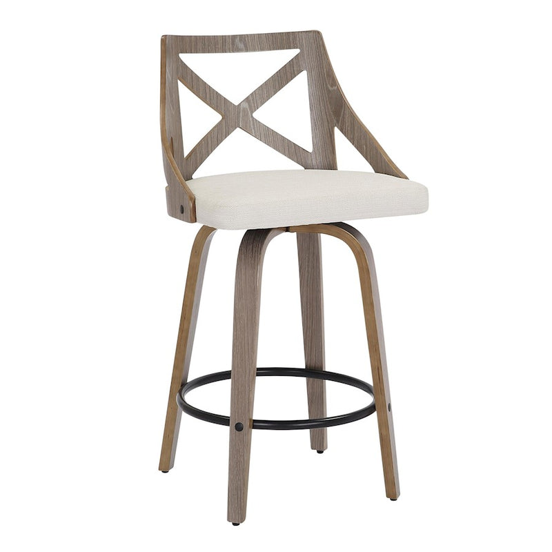 LumiSource Charlotte 19in Counter Stool Set/2 | Farmhouse Grey Wood & Cream Fabric Swivel | Kitchen Island & Dining Bar | Model B26-CHARLOTLGYCR2