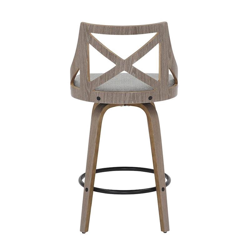 LumiSource Charlotte 19in Counter Stool Set/2 | Farmhouse Grey Wood & Grey Fabric Swivel | Kitchen Island & Dining Bar | Model B26-CHARLOTLGYGY2