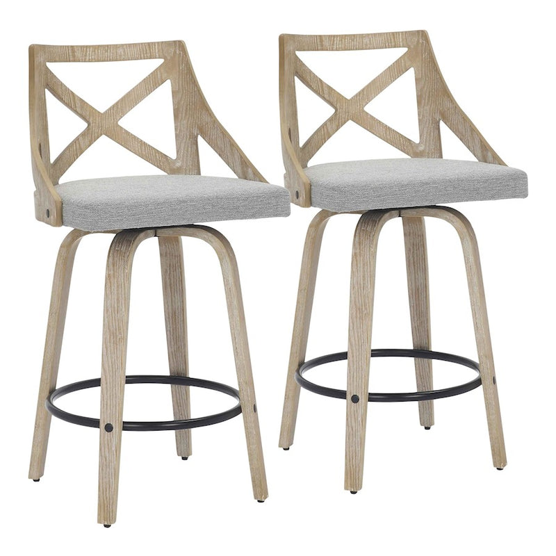 LumiSource Charlotte 19in Counter Stool Set of 2 | White Washed Wood & Light Grey Fabric | Kitchen Island & Dining Room | Model B26-CHARLOTWWLGY2