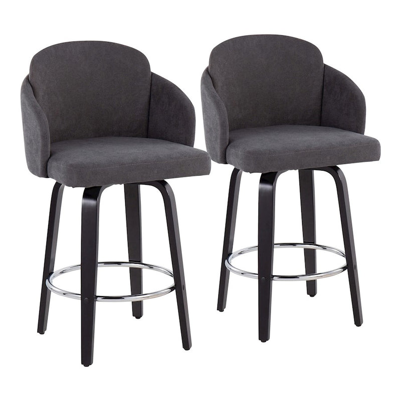 LumiSource Dahlia 25in Counter Stool Set of 2 | Contemporary Black Wood, Grey Fabric, Chrome | Kitchen Island & Breakfast | Model B26-DAHLIA-R2BKGY2