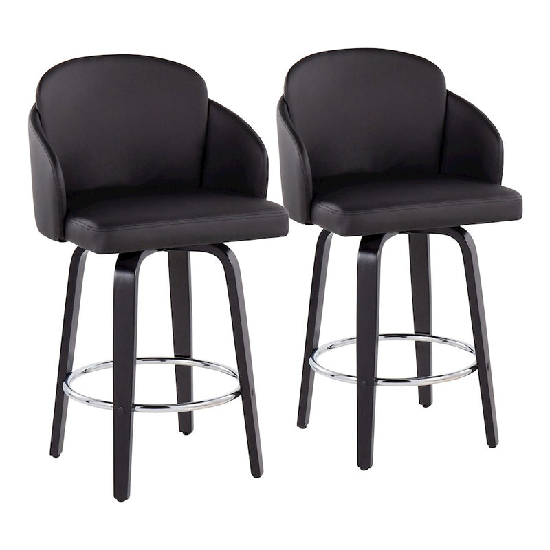 LumiSource Dahlia 25in Counter Stool Set of 2 | Contemporary Black Wood, Black PU, Chrome | Kitchen Island & Breakfast | Model B26-DAHLIA-R2BKPUBK2