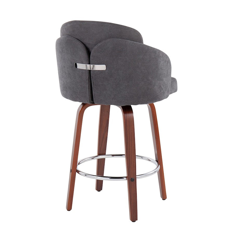 LumiSource Dahlia Counter Stool, Set of 2, Walnut/GY Fabric/Chrome