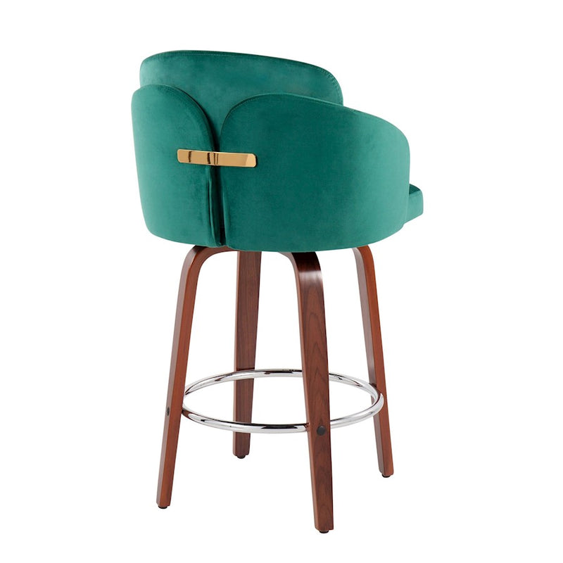 LumiSource Dahlia Counter Stool, Set of 2, Wal/Green/Chrome/Gold