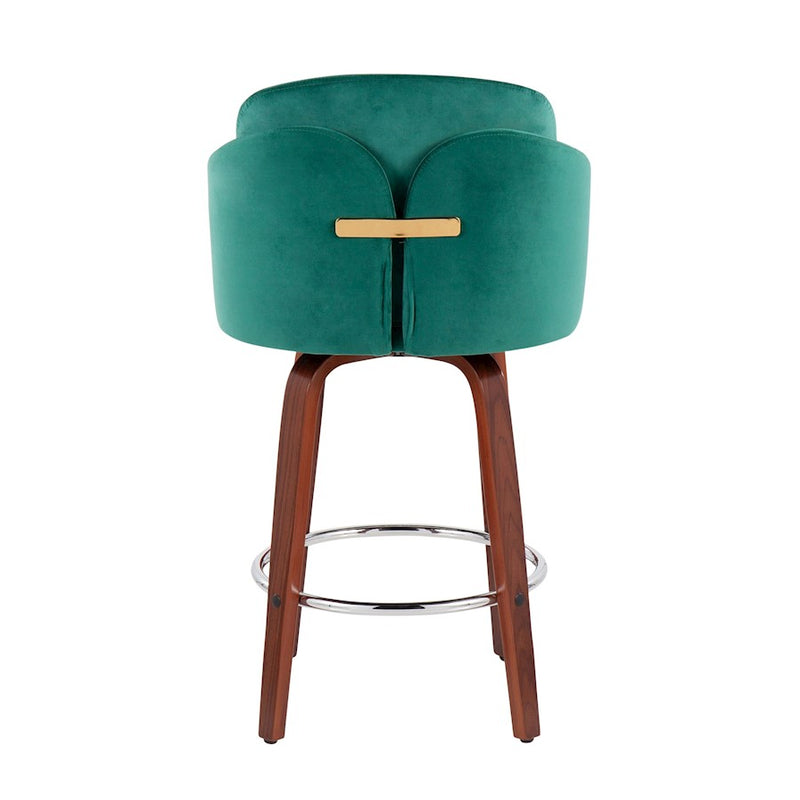 LumiSource Dahlia Counter Stool, Set of 2, Wal/Green/Chrome/Gold