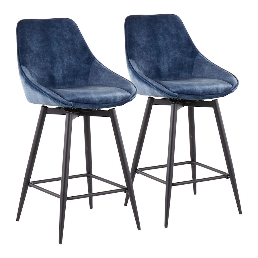 LumiSource Diana Counter Stool, Set/2, Black/Blue Velvet - B26-DIANA55SWVXBKVBU2