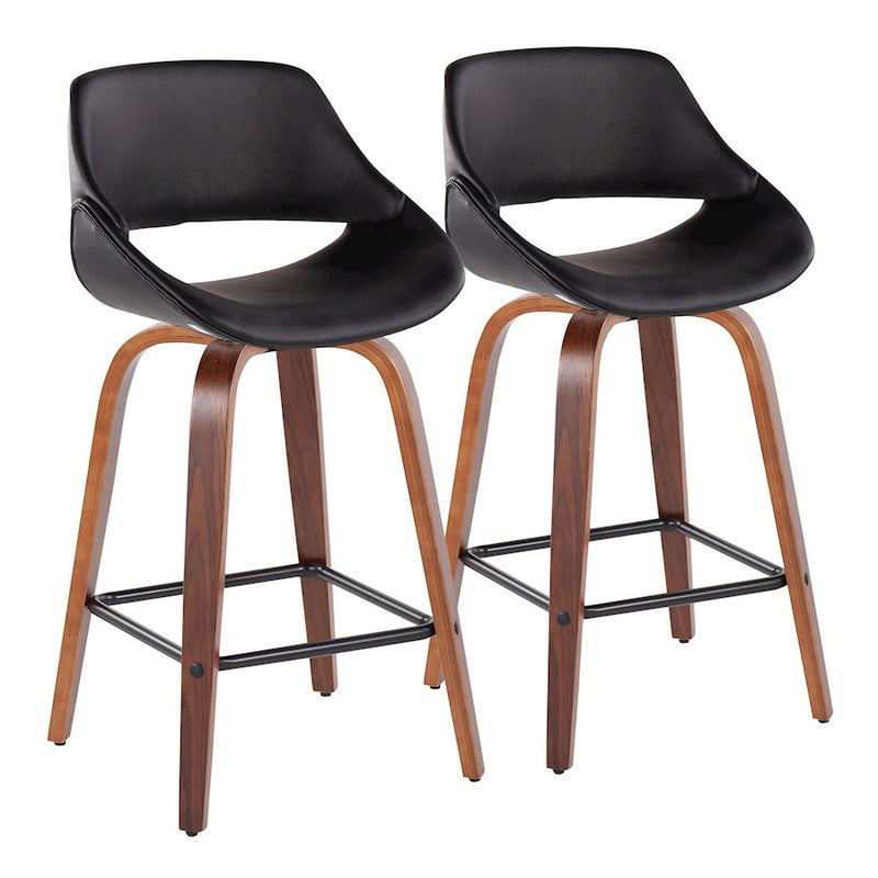 LumiSource Fabrico Counter Stool Set/2 | Mid-Century Walnut Wood & Black PU | Kitchen Island & Breakfast Bar Seating | Model B26-FBCOPU-SWVX2WLBK2