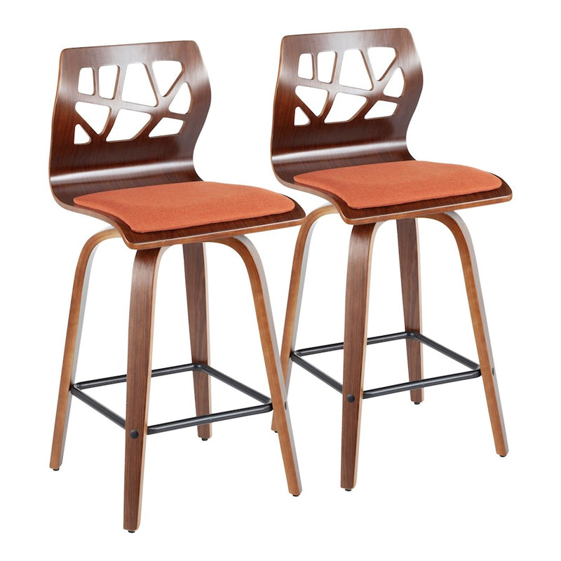 LumiSource Folia 26" Counter Stool, Set/2, WAL/Orange/BK - B26-FOLIA2-SWVXWLO2