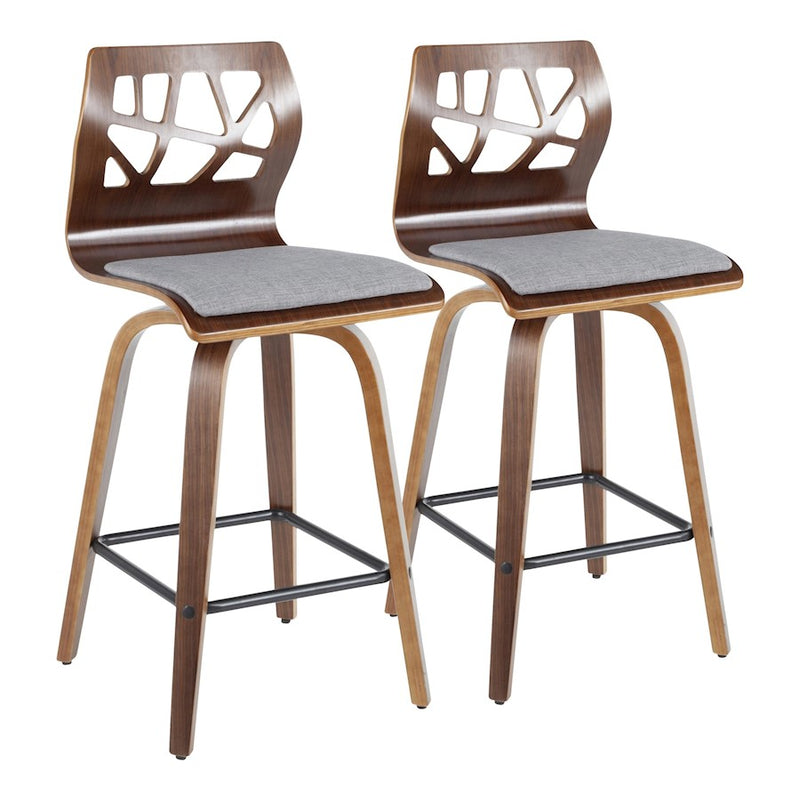 LumiSource Folia Counter Stool Set of 2 | Mid-Century Walnut Wood & Light Grey Fabric | Kitchen Island & Breakfast Bar | Model B26-FOLIAXWLGY2