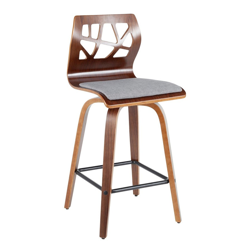 LumiSource Folia Counter Stool Set of 2 | Mid-Century Walnut Wood & Light Grey Fabric | Kitchen Island & Breakfast Bar | Model B26-FOLIAXWLGY2