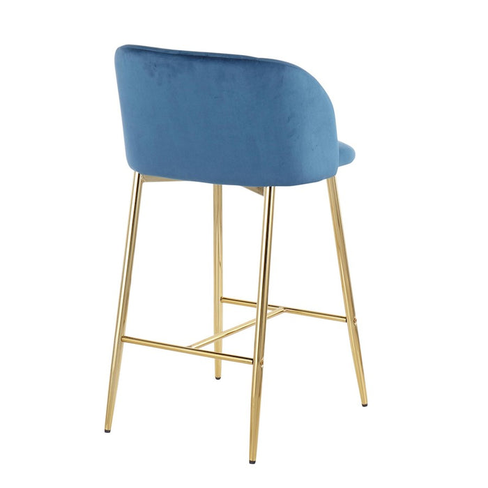 LumiSource Fran Counter Stool, Set of 2, Gold Steel/Blue Velvet