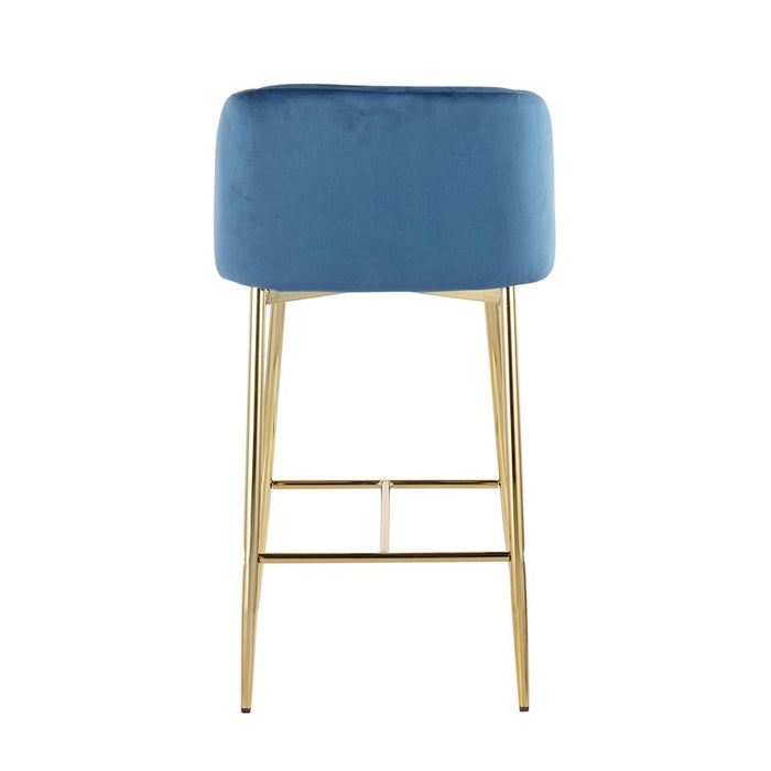 LumiSource Fran Counter Stool, Set of 2, Gold Steel/Blue Velvet
