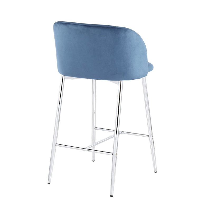 LumiSource Fran Counter Stool, Set of 2 in Chrome/Blue Velvet