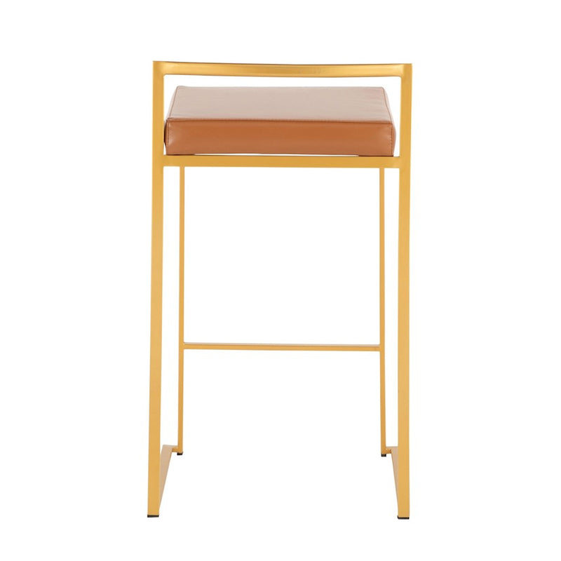 LumiSource Fuji Stacker Counter Stool Set of 2 | Glam Gold Steel & Camel PU Leather | Kitchen Island & Entertaining Seating | Model B26-FUJIAUCAM2