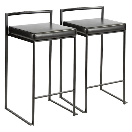 LumiSource Fuji Stackable Counter Stool Set of 2 | Contemporary Black Metal & PU Leather | Kitchen Island & Bar Seating | Model B26-FUJIBK-BK2