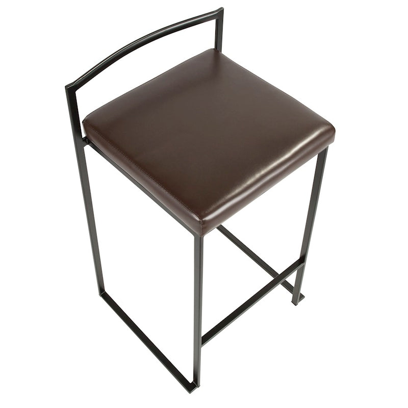 LumiSource Fuji 16in Stackable Counter Stool Set/2 | Contemporary Black Steel and Brown PU Leather | Kitchen Island & Dining | Model B26-FUJIBK-BN2