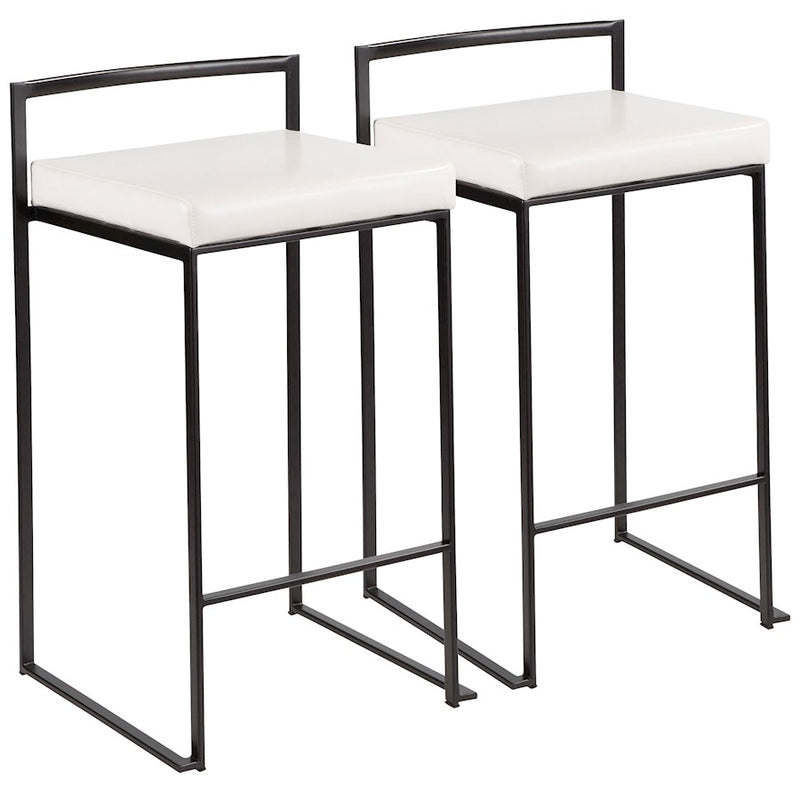 LumiSource Fuji Stackable Counter Stool Set of 2 | Contemporary Black Metal and White PU Leather | Kitchen Island & Dining | Model B26-FUJIBK-W2