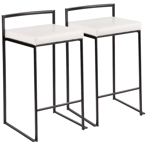 LumiSource Fuji Stackable Counter Stool Set of 2 | Contemporary Black Metal and White PU Leather | Kitchen Island & Dining | Model B26-FUJIBK-W2