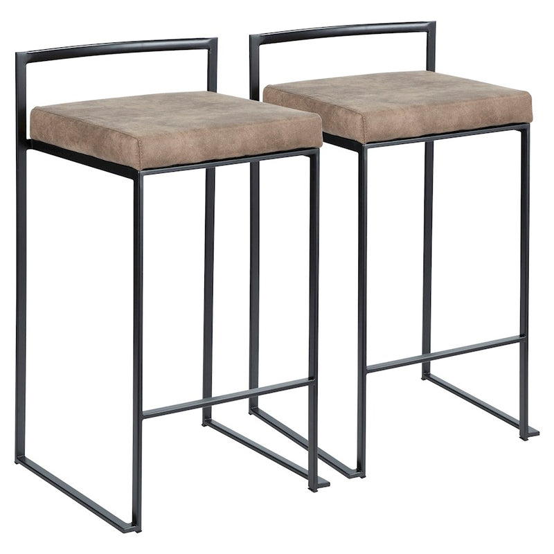 LumiSource Fuji 16in Stackable Counter Stool Set/2 | Contemporary Black Steel and Brown Cowboy Fabric | Kitchen Island | Model B26-FUJIBKFBN2