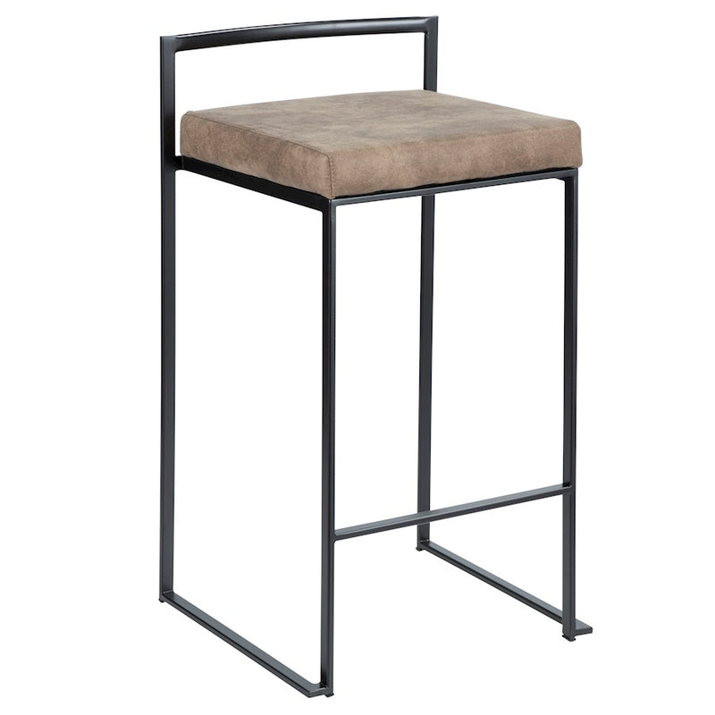 LumiSource Fuji 16in Stackable Counter Stool Set/2 | Contemporary Black Steel and Brown Cowboy Fabric | Kitchen Island | Model B26-FUJIBKFBN2