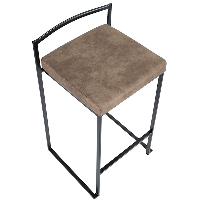 LumiSource Fuji 16in Stackable Counter Stool Set/2 | Contemporary Black Steel and Brown Cowboy Fabric | Kitchen Island | Model B26-FUJIBKFBN2