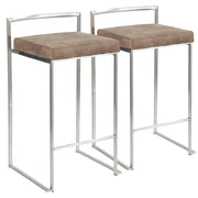 LumiSource Fuji Counter Stool Set/2 | Stainless Steel and Brown Cowboy Fabric | Kitchen Island & Dining Room Seating | Model B26-FUJIFBN2