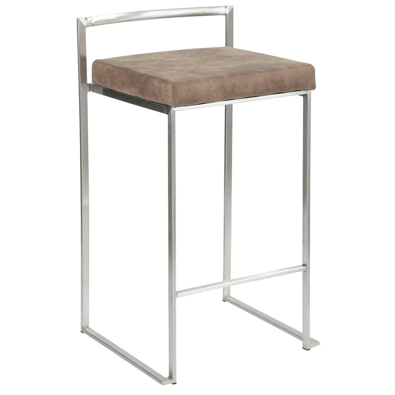 LumiSource Fuji Counter Stool Set/2 | Stainless Steel and Brown Cowboy Fabric | Kitchen Island & Dining Room Seating | Model B26-FUJIFBN2
