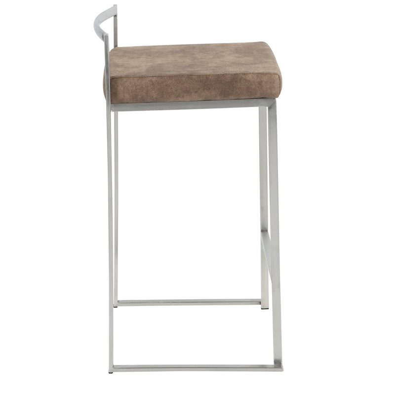 LumiSource Fuji Counter Stool Set/2 | Stainless Steel and Brown Cowboy Fabric | Kitchen Island & Dining Room Seating | Model B26-FUJIFBN2