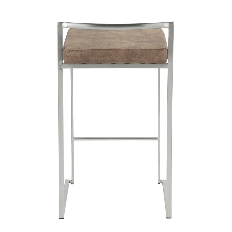 LumiSource Fuji Counter Stool Set/2 | Stainless Steel and Brown Cowboy Fabric | Kitchen Island & Dining Room Seating | Model B26-FUJIFBN2