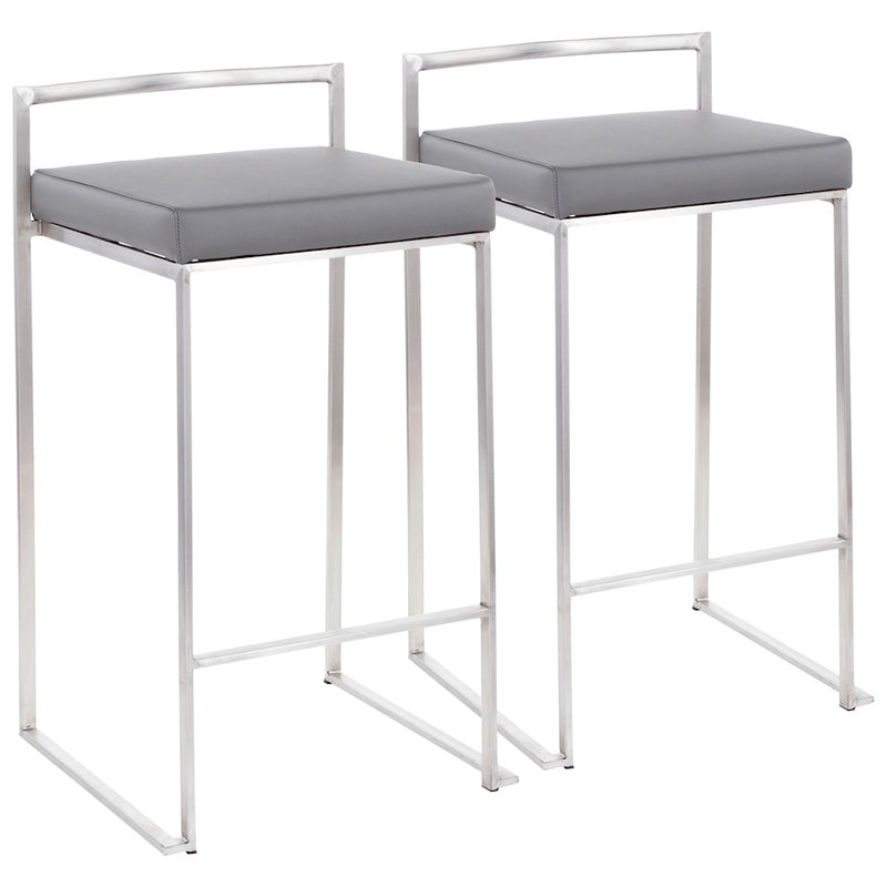 LumiSource Fuji Counter Stool Set/2 | Brushed Steel and Grey PU | Kitchen Island & Dining Room Seating | Model B26-FUJIGY2